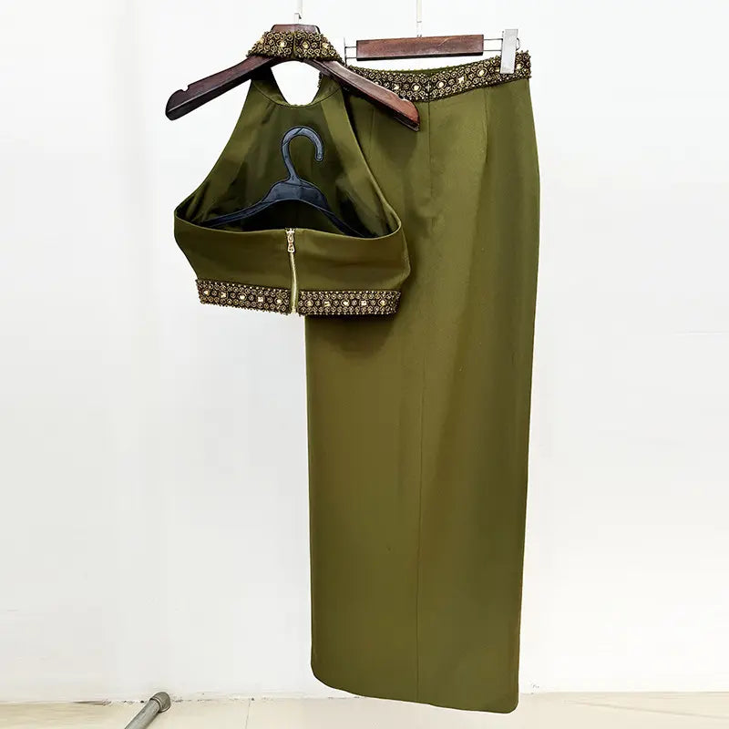 2025 Spring Summer Designer Clothing Women's Outfits Green Ensemble Inverted Women's Beaded Tank Top and Slit Maxi Skirt 2 Piece Set