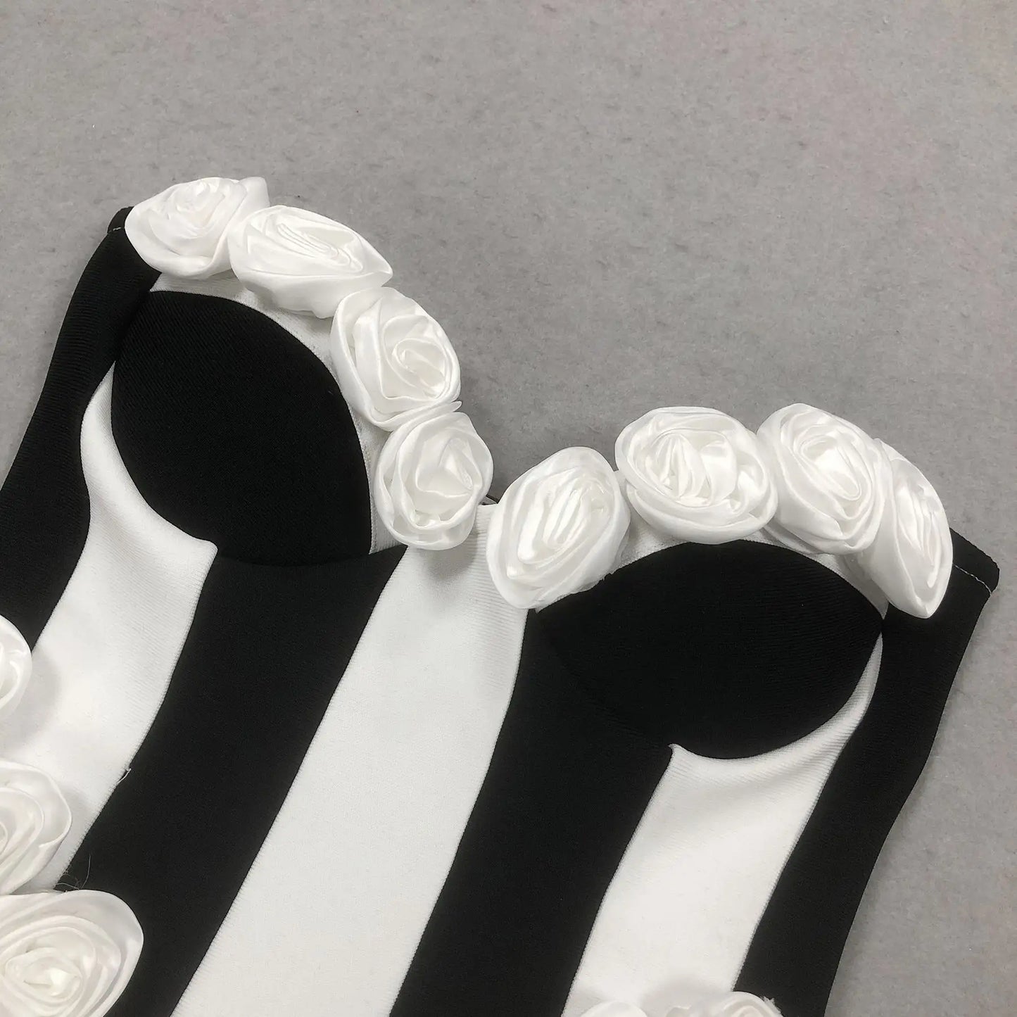 Custom Bandage Dress Manufacturer Sexy Elegant Mini Front Stripe Elegant 3D Flowers Black and White Striped Ladies Club Dress