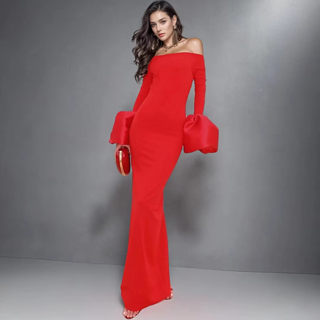 Womens Fashion Clothes Manufacturer Women Party Dresses Red Black Long Bodycon Evening Elegant Modest Lantern Sleeve Dress
