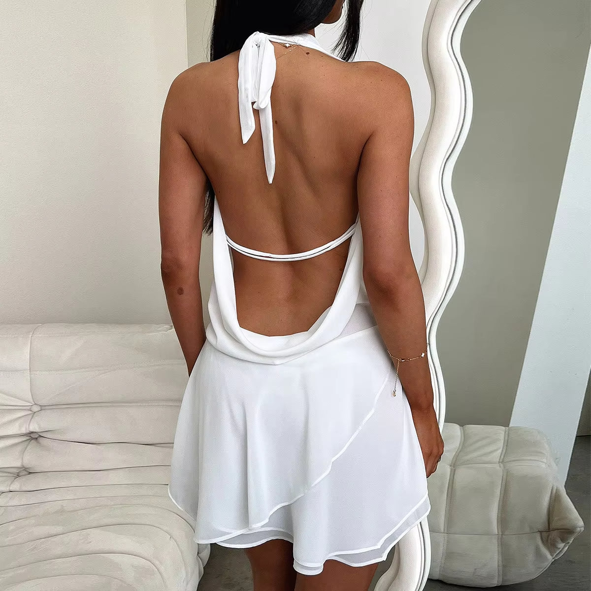 Sexy White Mini Club Dresses Women Cowl Neck Short Party Dress