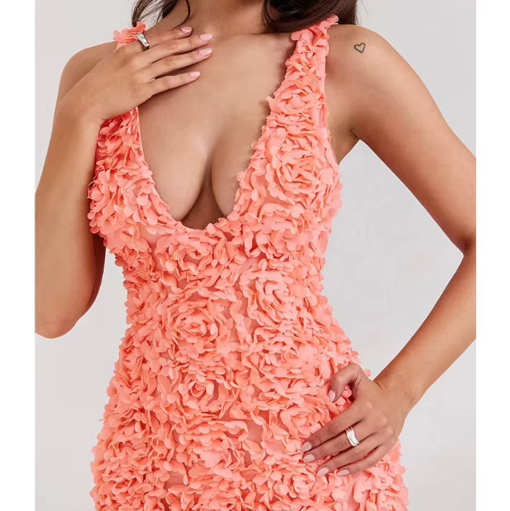 Apricot Mini Prom Dresses Women Deep v Neck Sexy Party Vacation Club Dress with 3D Flowers