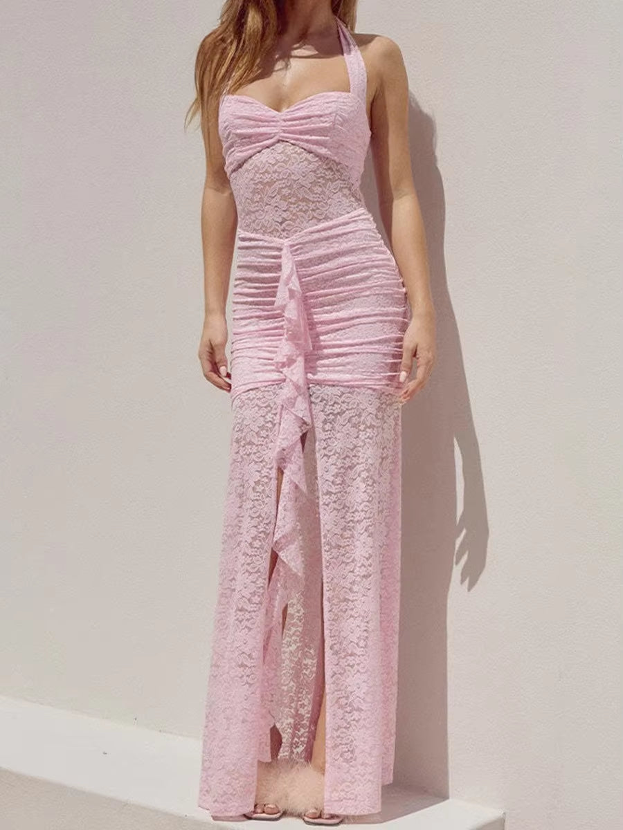 Halter Lace Mesh Club Dresses Long Sexy Backless See Through Pleated Maxi Dress for Women