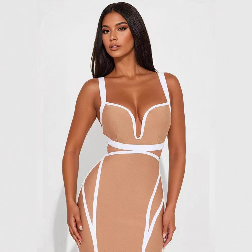 Nude Contrast Trim Bodycon Midi Dress