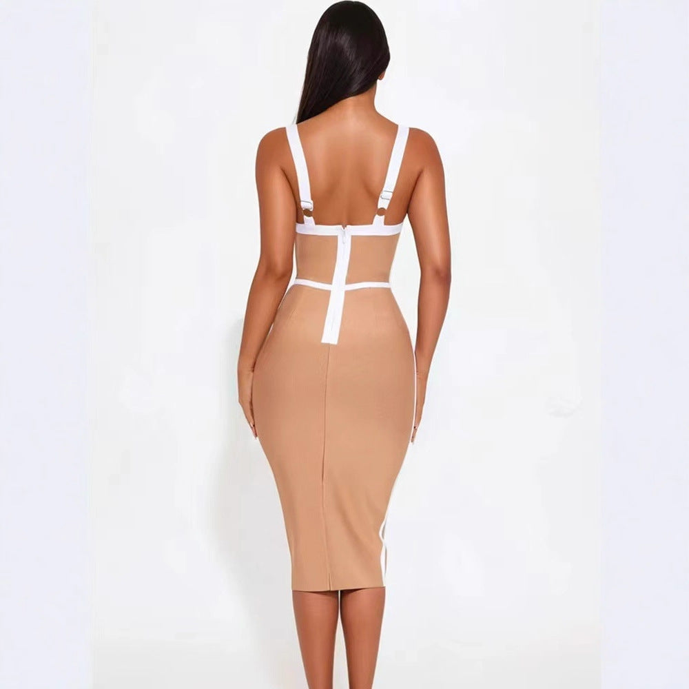 Nude Contrast Trim Bodycon Midi Dress
