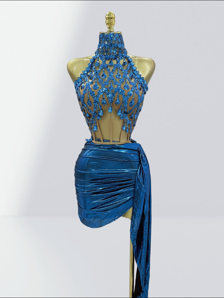 Rhinestone Corset Top and Shiny Wrap Skirt Set
