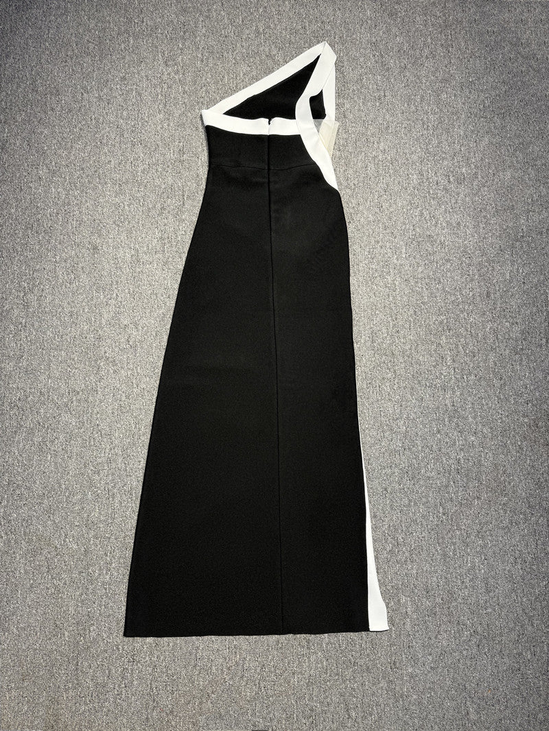 Black White High Slit Bandage Dress