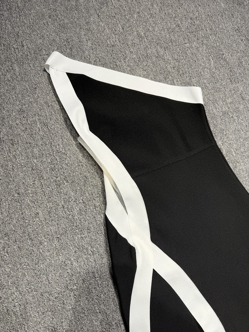 Black White High Slit Bandage Dress