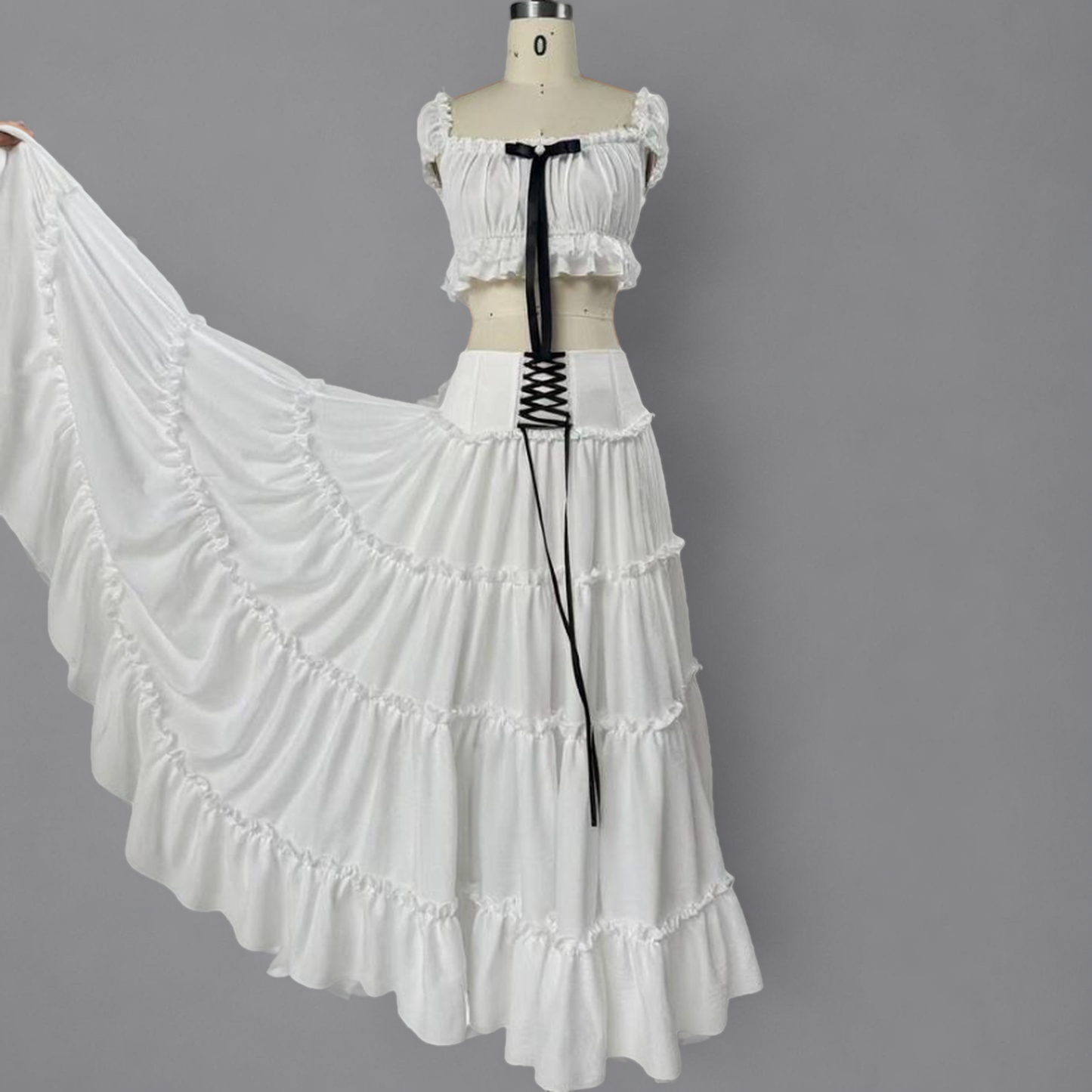 White Ruffled Bandeau Top and Layered Long Skirt Set