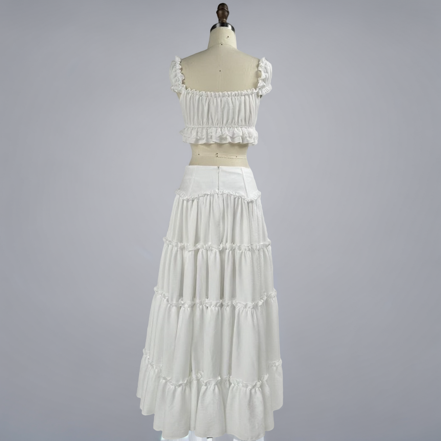 White Ruffled Bandeau Top and Layered Long Skirt Set