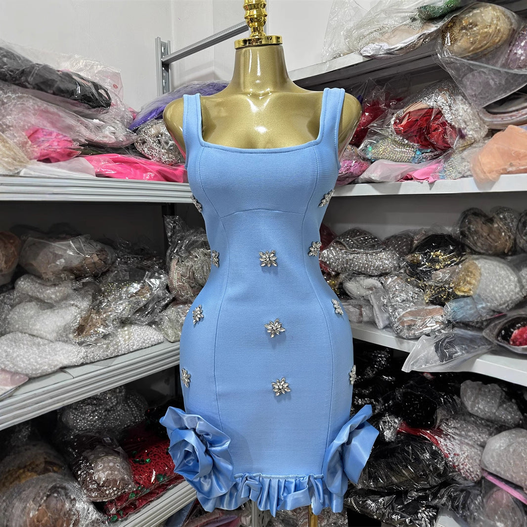 Blue Rhinestone Ruffle Hem Mini Dress