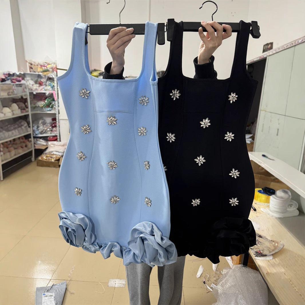 Blue Rhinestone Ruffle Hem Mini Dress