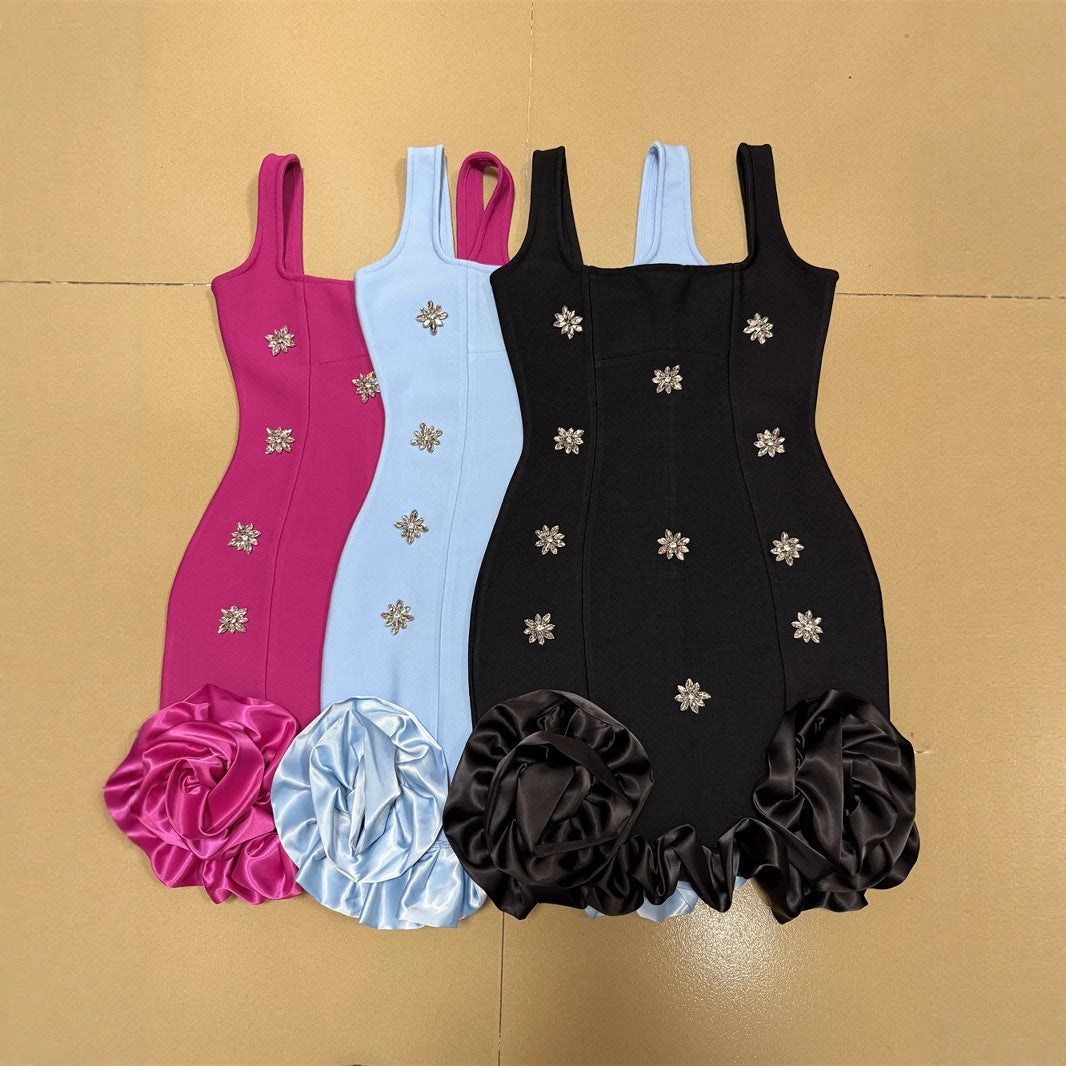 Blue Rhinestone Ruffle Hem Mini Dress