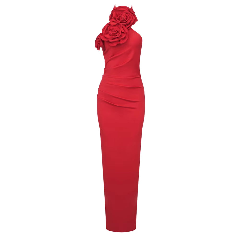 2025 Womens Fashion Clothes Luxury Women Gowns Evening Dresses Red Halter Slit Formal Party Long Bodycon Flower Dress