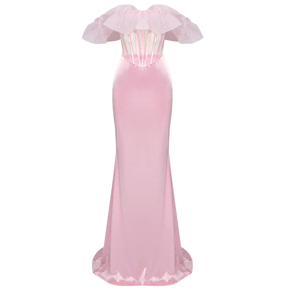 Women Elegant Pink Satin Off the Shoulder Mermaid Evening Dresses Organza Two Piece Set Party Wear Formal Gown for Wedding Party