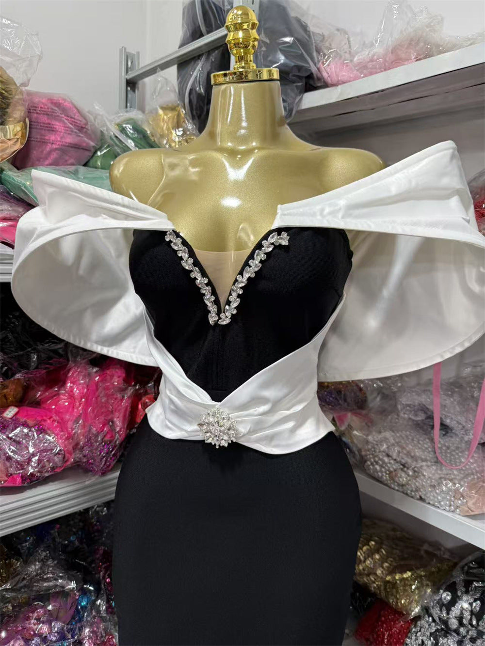 Black and White Off Shoulder Midi Bandage Dress