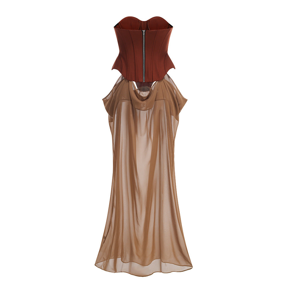Corset Top Sheer Skirt Brown Patchwork Evening Dresses
