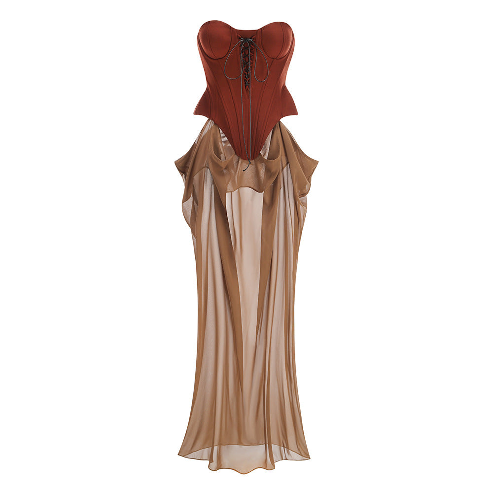 Corset Top Sheer Skirt Brown Patchwork Evening Dresses