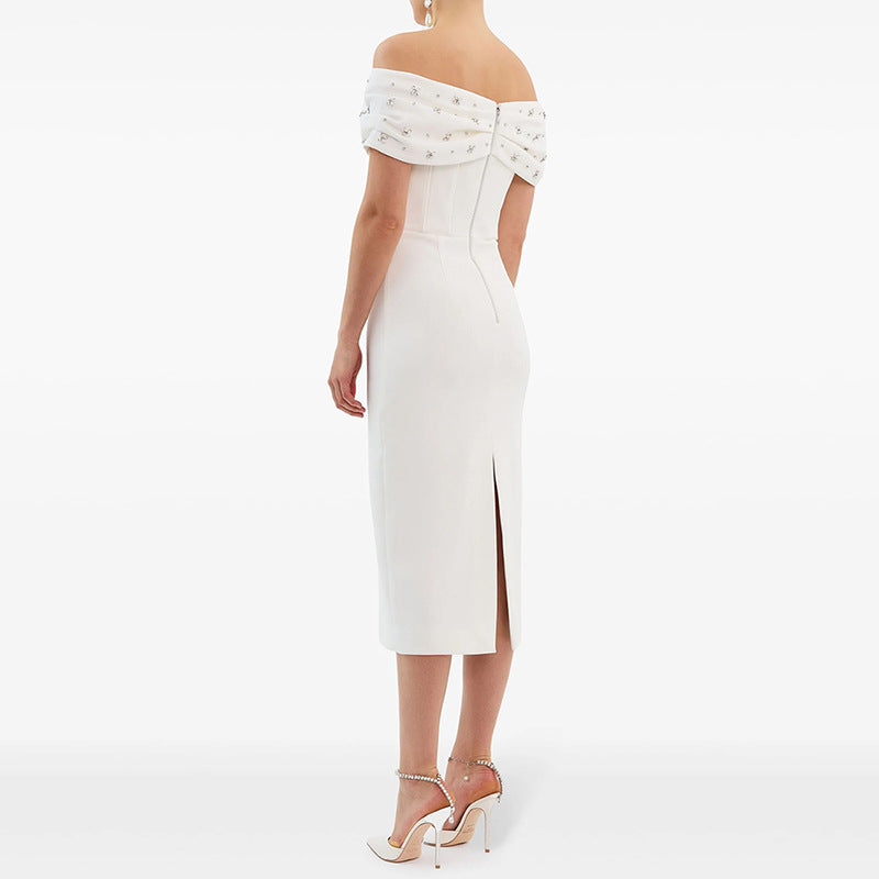 Wholesale Womens Clothing Luxury White Midi Evening Dresses Women Off the Shoulder Rhinestone Bow Elegant Party Formal Gown
