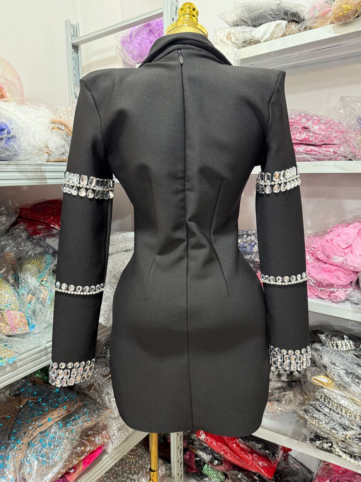 Long Sleeve Crystal Bodycon Mini Formal Party Wear Black Blazer Dress
