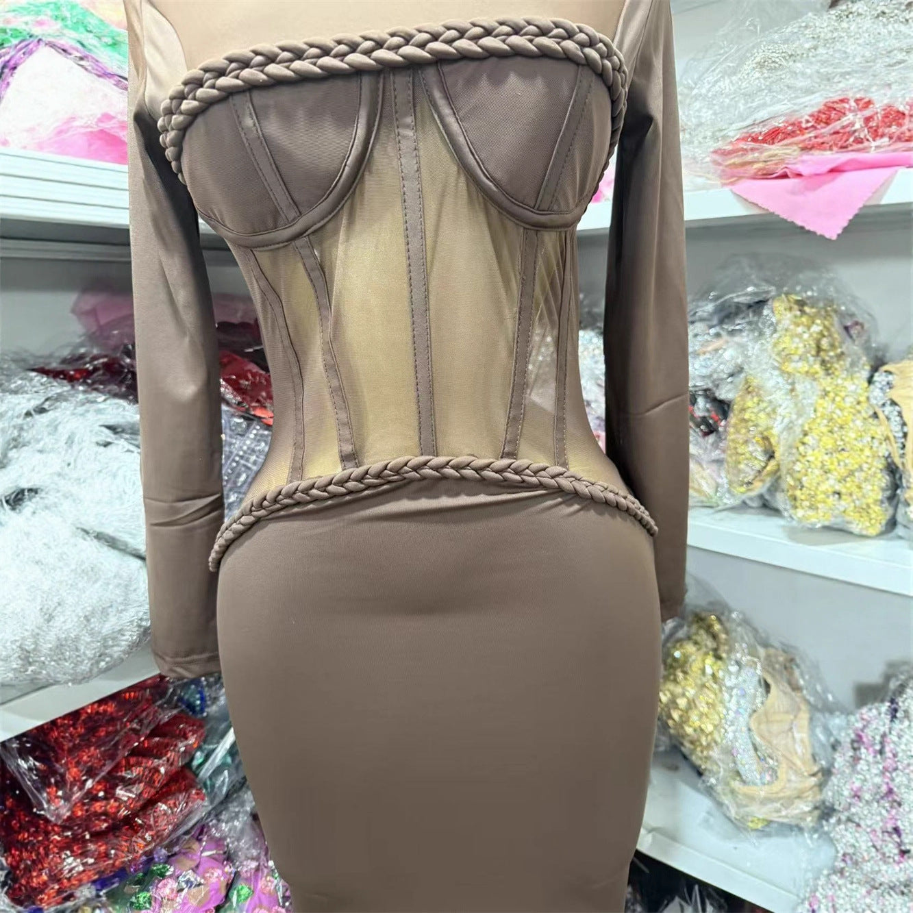 Brown High Neck Bodycon Corset Maxi Party Dress