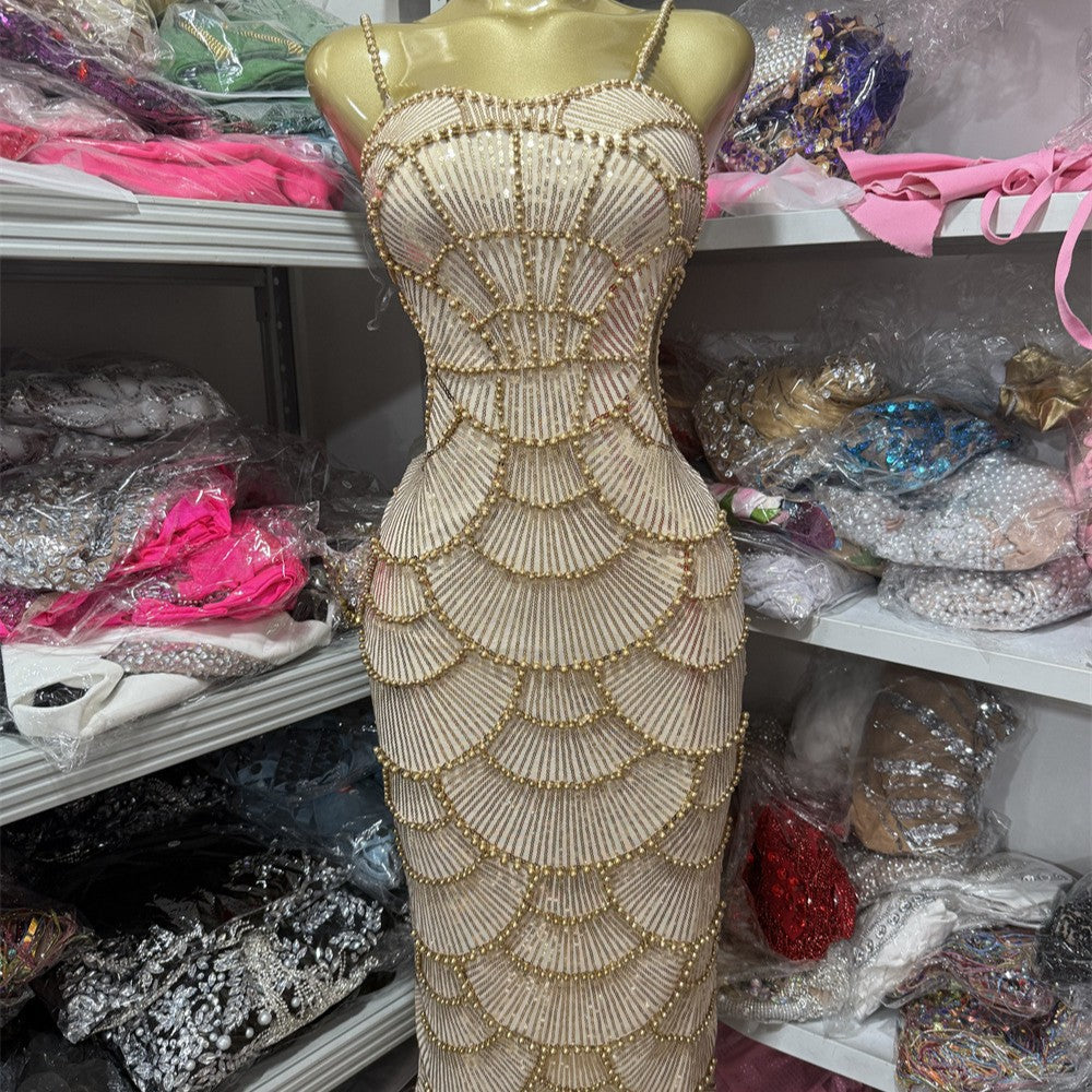 Sparkly Beaded Cutout Bodycon Cocktail Midi Dress