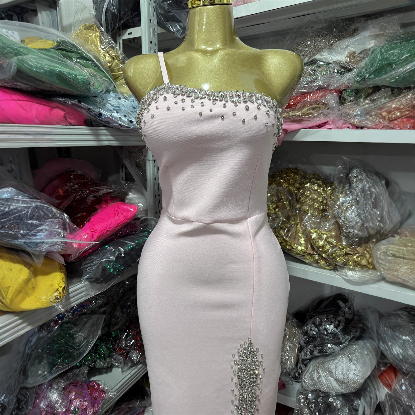 Pink One Shoulder Rhinestone Evening Dresses