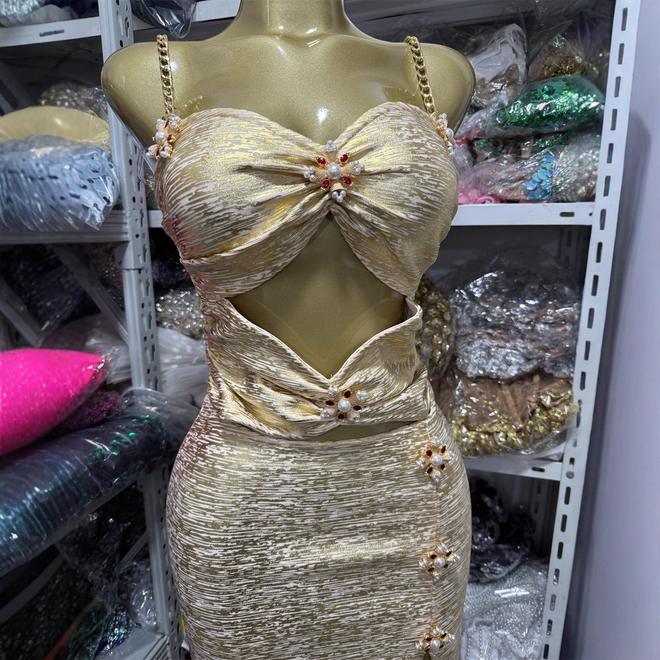 Golden Chain Strap Cutout Gold Knit Metallic Midi Bandage Dress