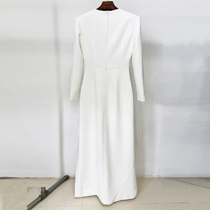 White Maxi Evening Dresses with Black Beaded Sequins Embroidery