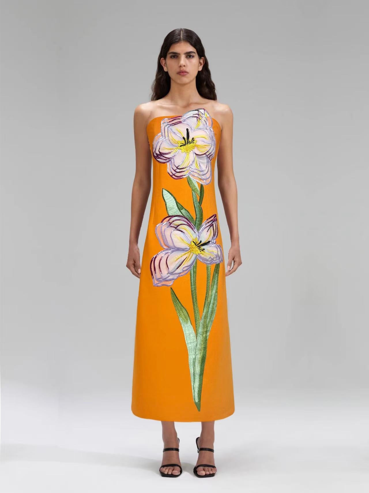 Embroidered 3D Flower Long Dress