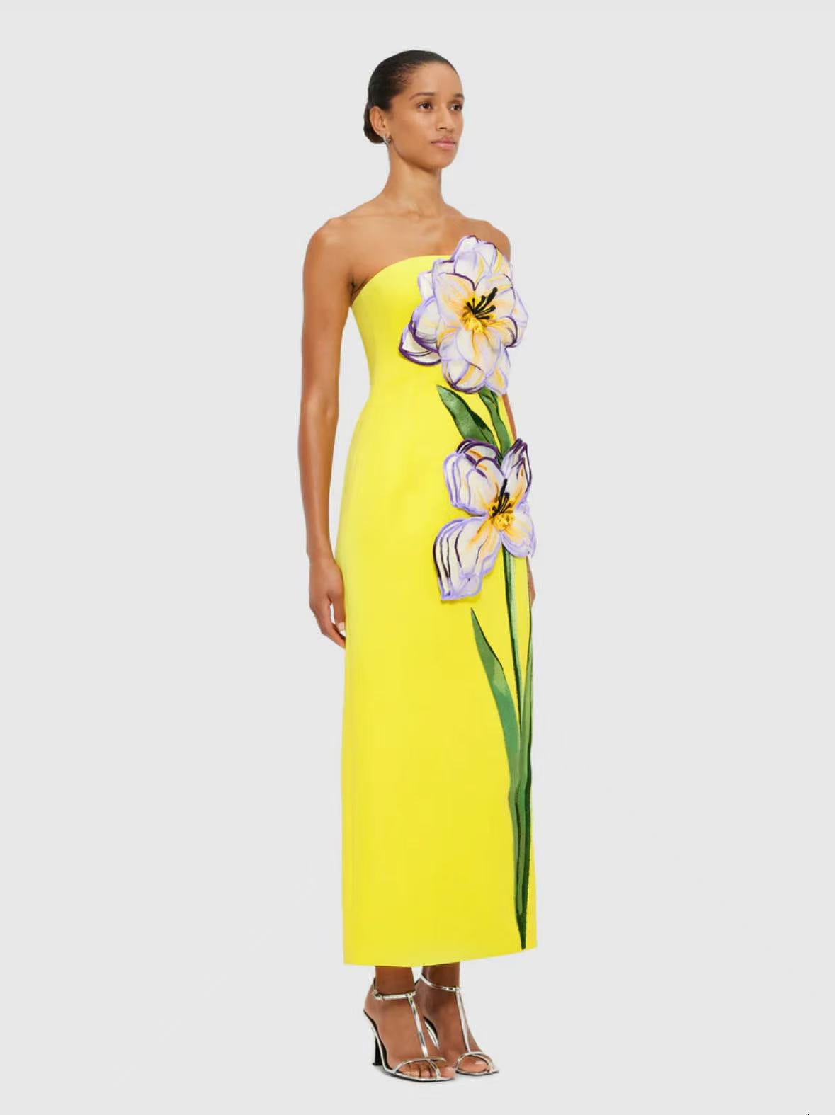 Embroidered 3D Flower Long Dress