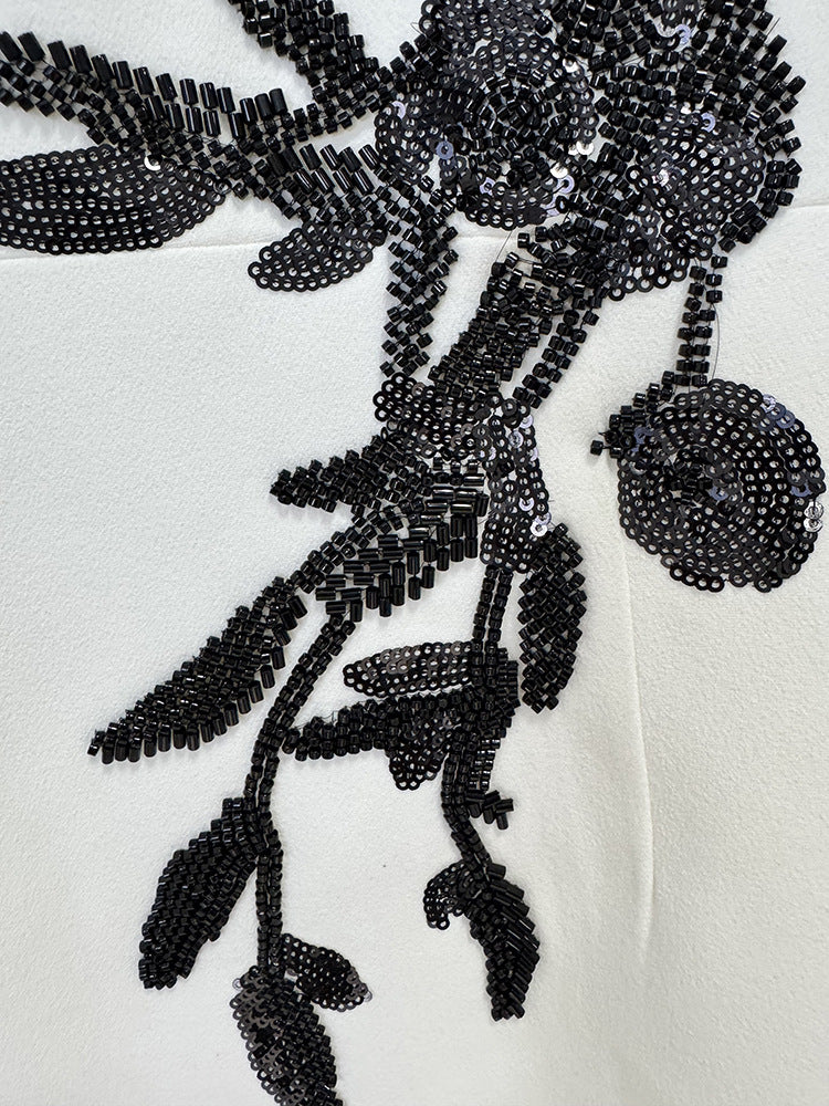 White Maxi Evening Dresses with Black Beaded Sequins Embroidery
