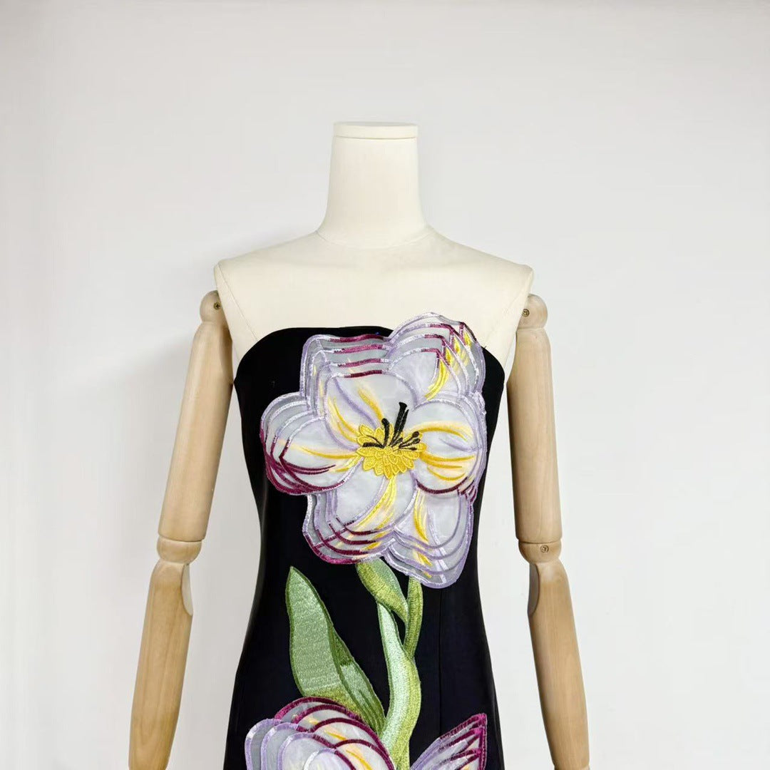 Embroidered 3D Flower Long Dress