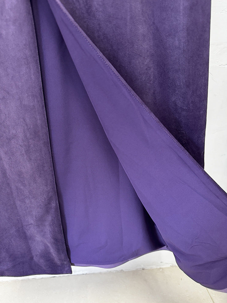 Off Shoulder Ruched Crop Top Long Skirt Purple Velvet Two Piece Skirt Set