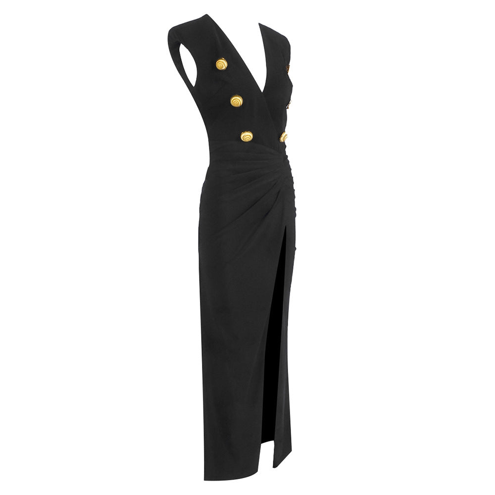 Wholesale Women Elegant Black Formal Dress Sleeveless Deep V Neck High Slit Long Evening Dresses Party Outfit with Gold Buttons