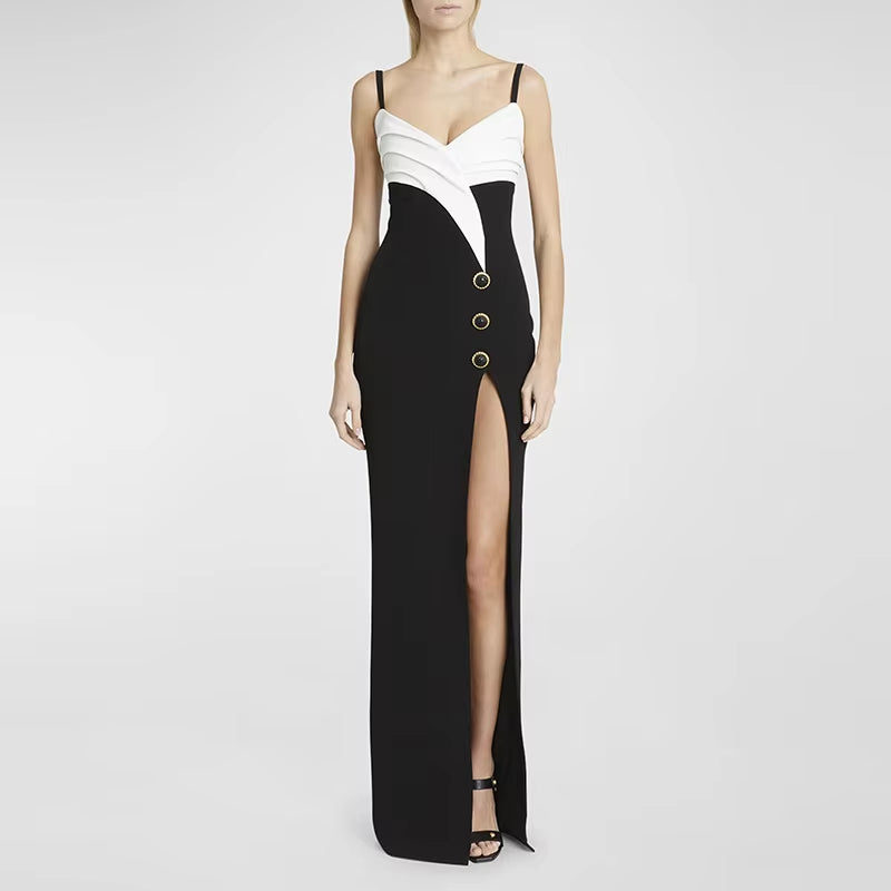 Black and White Womens Party Wear High Slit Bandage Dresses Long Gown Evening Dress