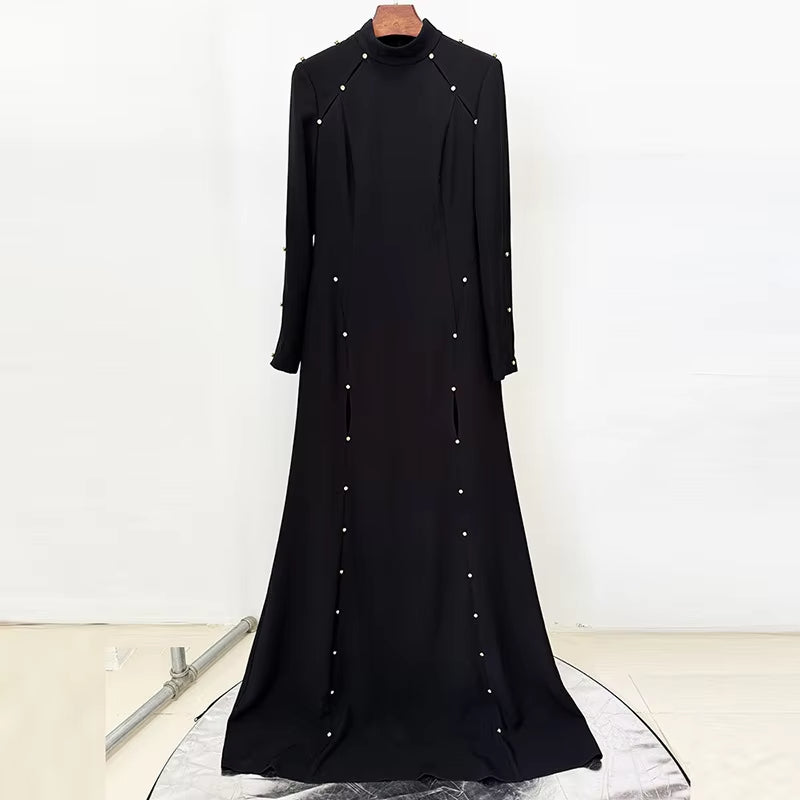 Elegant Womens Clothing Black Long Sleeve Mermaid Dress Floor Length Modest Beaded Gown Luxury Evening Dresses for Woman