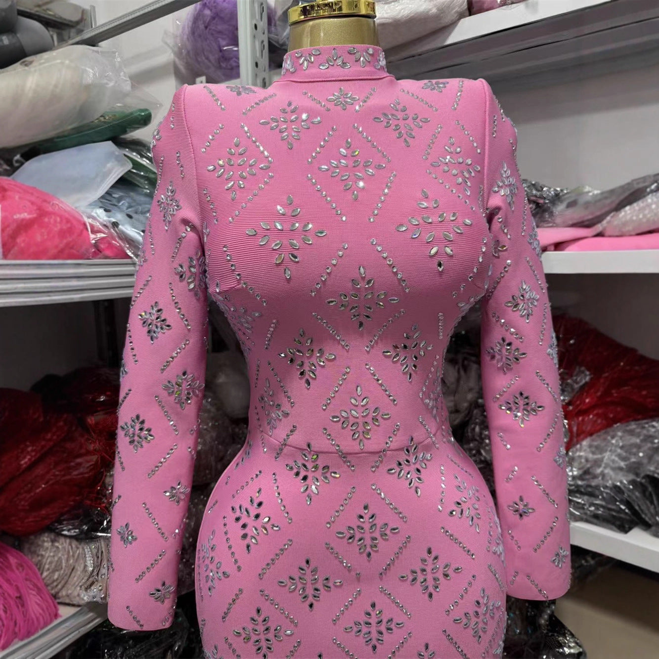 Elegant Pink Rhinestone Long Sleeve Maxi Dress High Neck Bodycon Gown