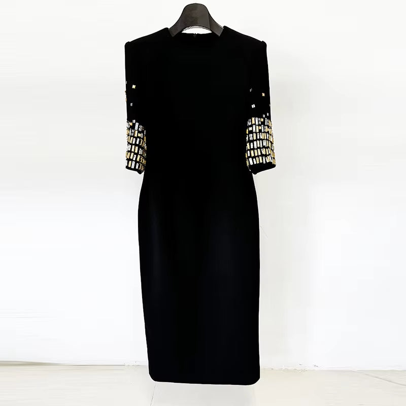 Fashion Beaded Rhinestones Mid-Length Sleeve Formal Evening Dress Women Elegant Luxury Expensive Occasion Midi Bodycon Dresses