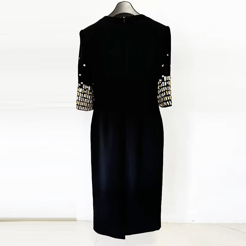 Fashion Beaded Rhinestones Mid-Length Sleeve Formal Evening Dress Women Elegant Luxury Expensive Occasion Midi Bodycon Dresses