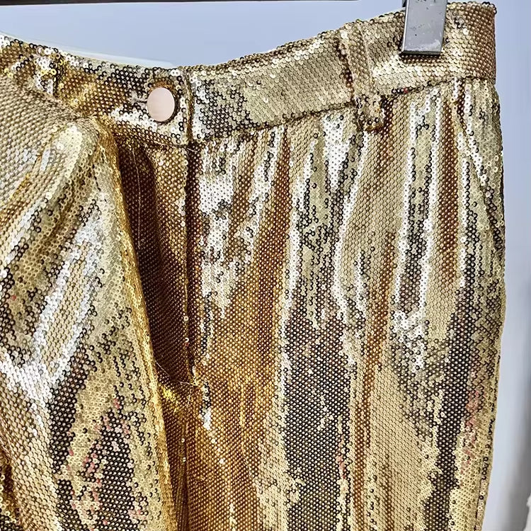Fashionable Long Sleeve Blouse and Pant 2 Piece Set Conjuntos De Mujer Womens Suits Luxury Golden Sequin Blazer Set for Women