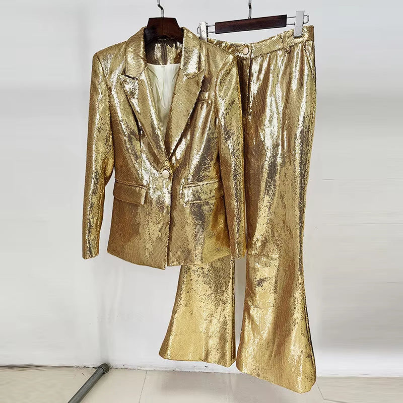 Fashionable Long Sleeve Blouse and Pant 2 Piece Set Conjuntos De Mujer Womens Suits Luxury Golden Sequin Blazer Set for Women