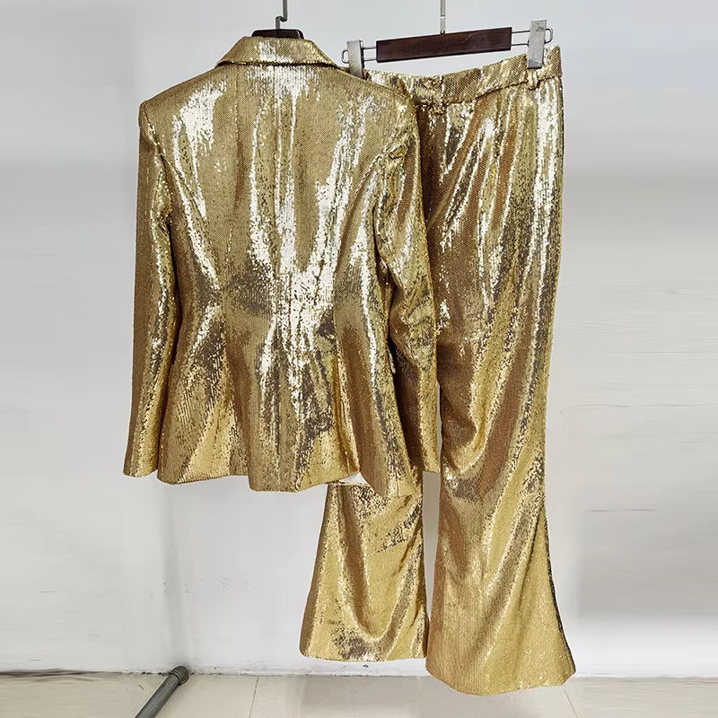 Fashionable Long Sleeve Blouse and Pant 2 Piece Set Conjuntos De Mujer Womens Suits Luxury Golden Sequin Blazer Set for Women