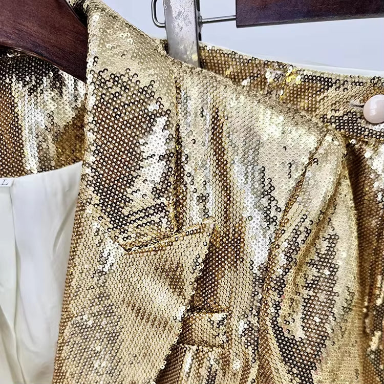 Fashionable Long Sleeve Blouse and Pant 2 Piece Set Conjuntos De Mujer Womens Suits Luxury Golden Sequin Blazer Set for Women