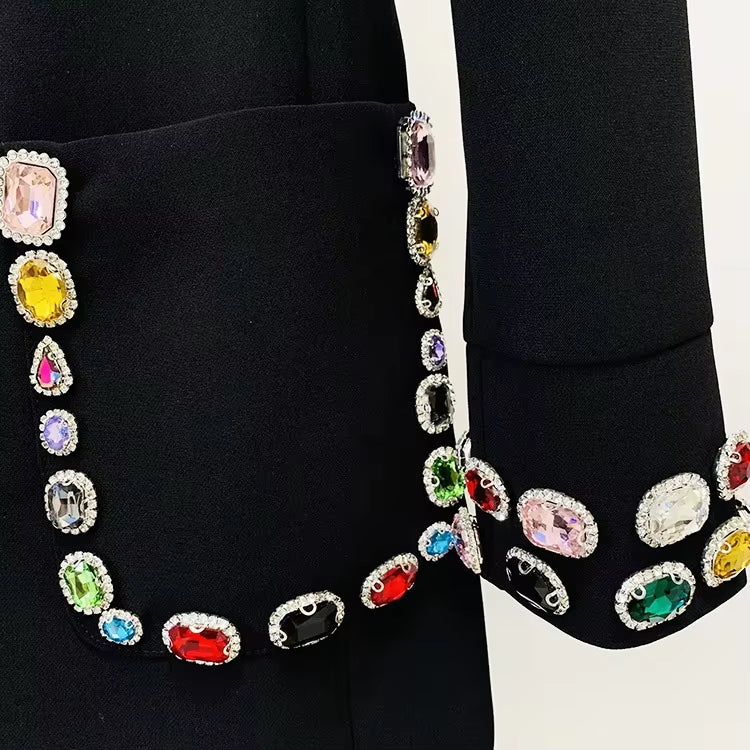 Long-sleeved Black Mini Dress Beaded Rhinestone Colorful Gemstone Elegant Gowns Luxury Evening Dresses for Women