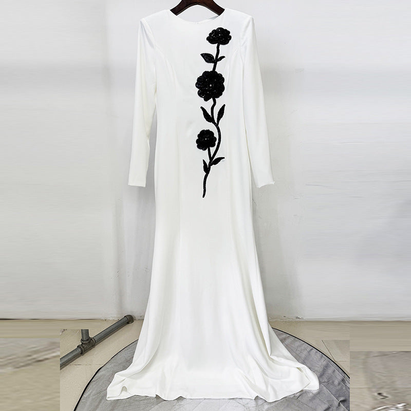 Sequin Beaded Floral Embroidery Evening Gown