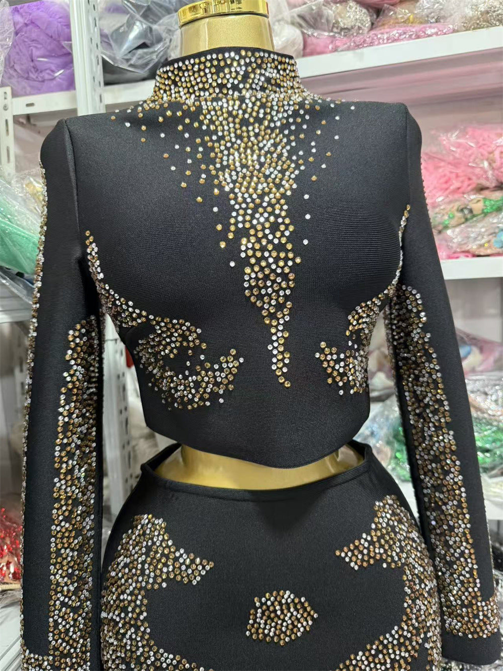 Long Sleeve Crop Top and Midi Skirt Black Two Piece Set With Gold Diamond