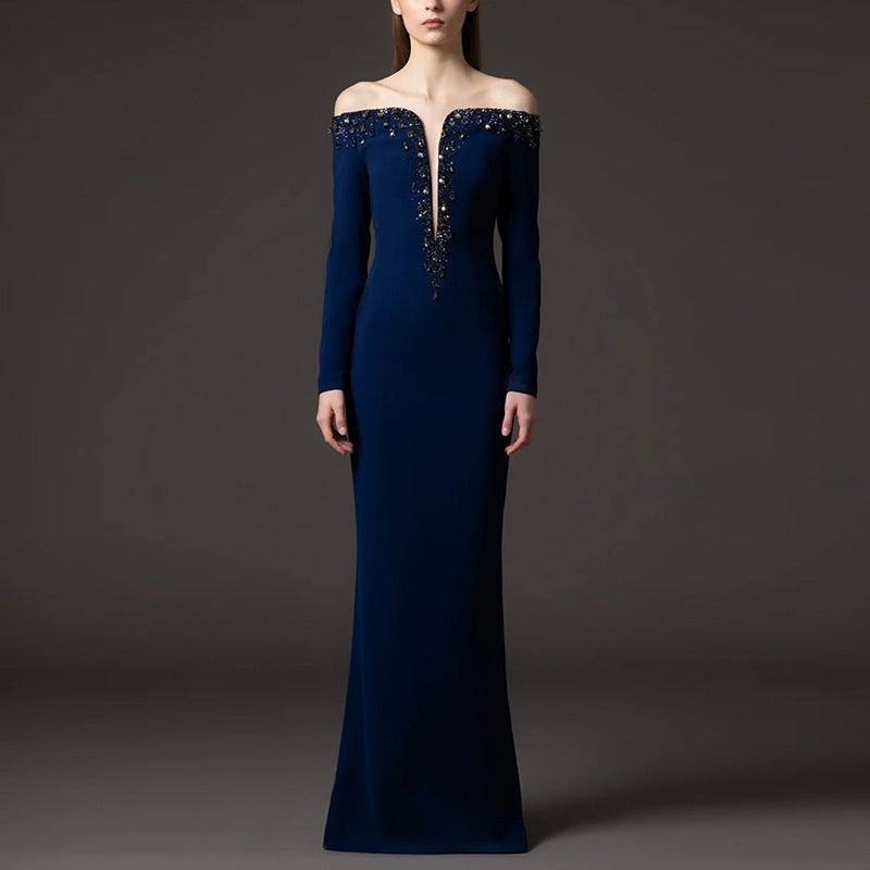 Luxury Womens Clothing Factory Trendy Dark Blue Off Shoulder Evening Dresses Long Sleeve Deep V Neck Rhinestone Maxi Party Gown