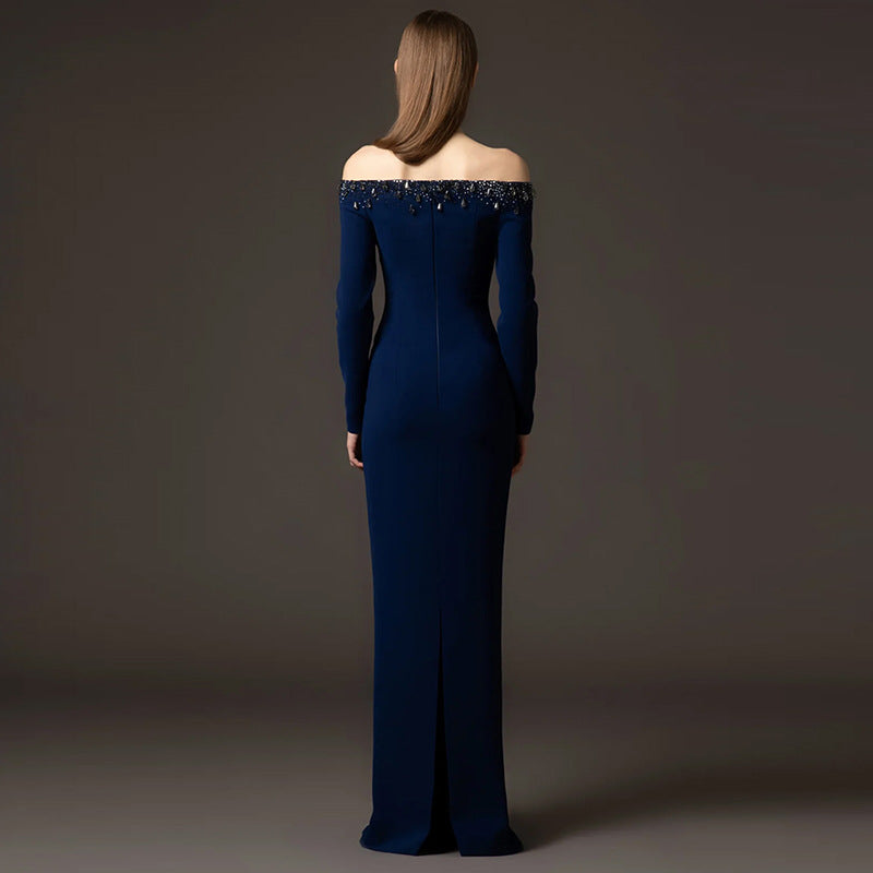 Luxury Womens Clothing Factory Trendy Dark Blue Off Shoulder Evening Dresses Long Sleeve Deep V Neck Rhinestone Maxi Party Gown