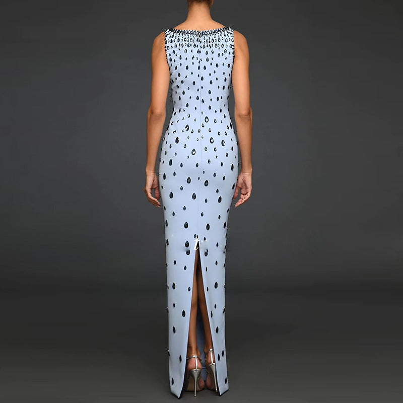 Elegant Women Light Blue U Neck Maxi Long Dress Luxury Sleeveless Water Drop Rhinestone Formal Evening Dresses Party Gown