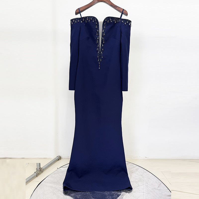 Luxury Womens Clothing Factory Trendy Dark Blue Off Shoulder Evening Dresses Long Sleeve Deep V Neck Rhinestone Maxi Party Gown
